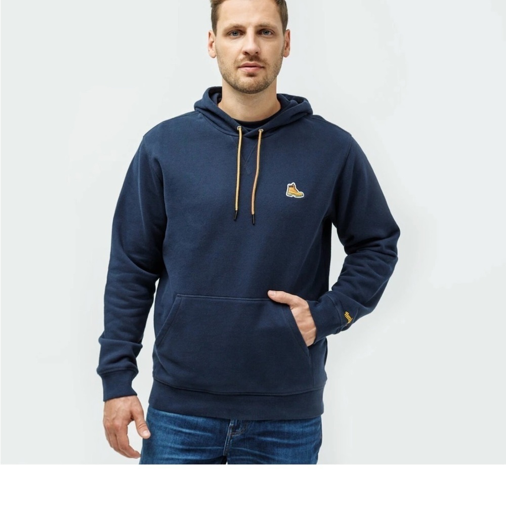 Timberland Hoodie Mens L Blue Boot Logo Hiking Sweatshirt Organic Cotton